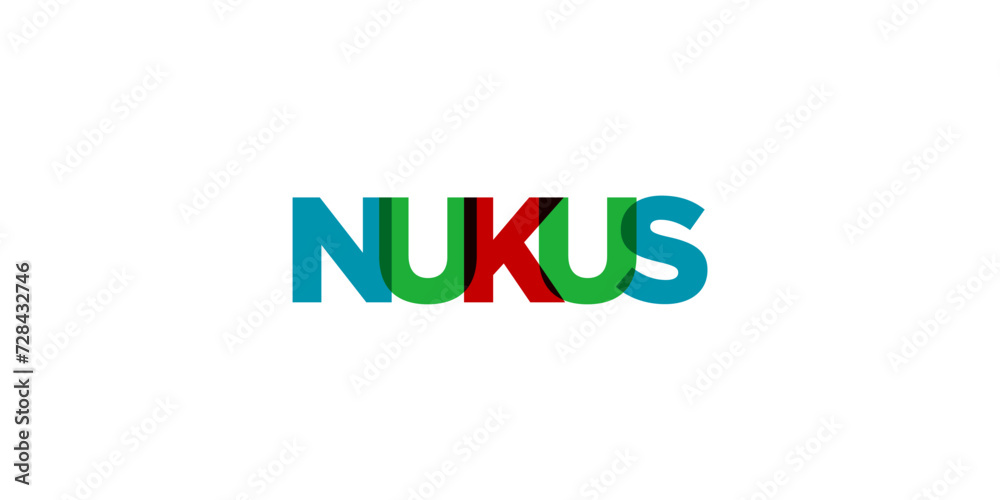 Nukus in the Uzbekistan emblem. The design features a geometric style, vector illustration with bold typography in a modern font. The graphic slogan lettering.