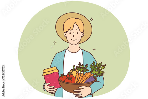 Smiling farmer with organic products