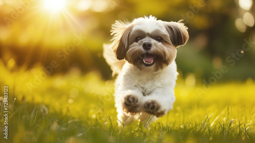 Cute and happy shih tzu dog running on a green field on a sunny day