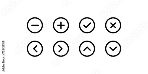 Linear buttons set. Minus, plus, checkmark, cross, arrows set. Vector icons