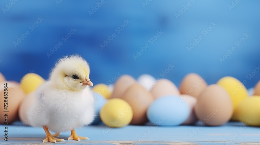 A fluffy baby chick peeks curiously at the freshly laid eggs, eager to join the bustling world of the gallinaceous bird family