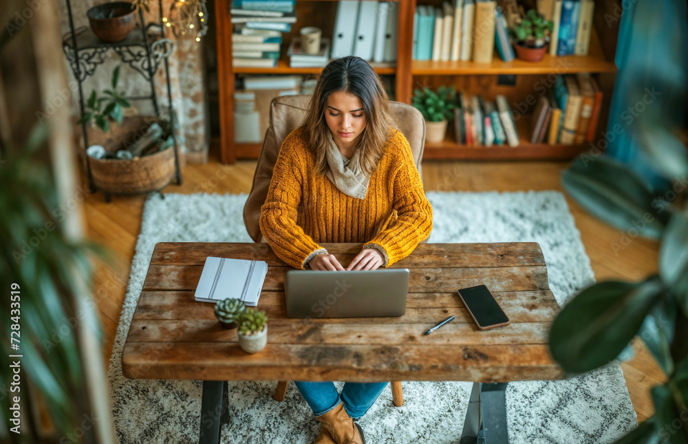 Focused Woman Working on Laptop in Cozy Home Setting Focused Woman Working on Laptop in Cozy Home Setting
