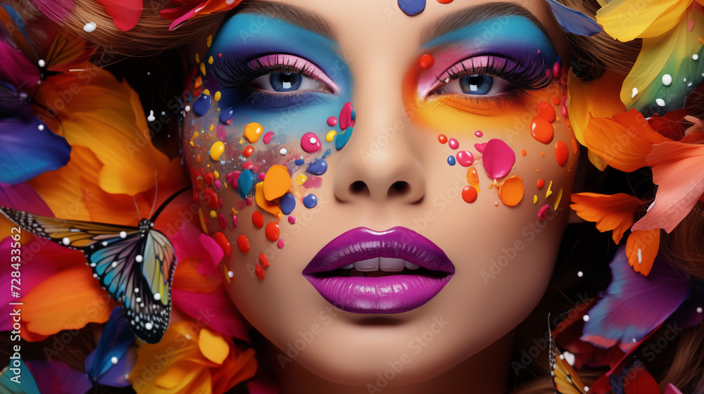 Naklejka premium A vibrant and bold woman adorns her face with a colorful array of makeup and flowers, showcasing the power of self-expression through art and fashion