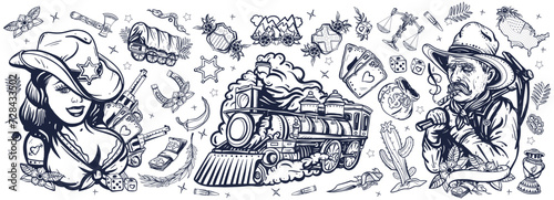 Wild West. Old school tattoo collection. Cowboy girl, gold digger, covered wagon, steam train, golden horseshoe, USA map. Western art. American history. Traditional tattooing style