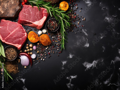 Raw beef steak on dark black board background, above top view, text copy space, uncooked raw beef steak,rosemary spices, cooking ingredients.