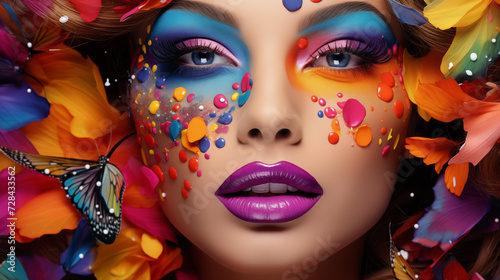 A vibrant and bold woman adorns her face with a colorful array of makeup and flowers, showcasing the power of self-expression through art and fashion