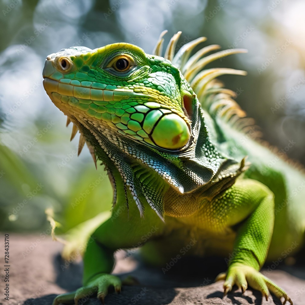 AI-generated illustration of a green iguana on a sunlit rock