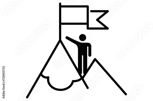 Man and flag icon on mountain peak. Business life, leadership management. Black and White line art style, editable vector Illustration file on transparent background.
