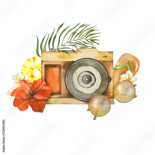 Watercolor illustration for beach holiday. Hand-drawn summer objects: camera sunglasses hibiscus flower palm branch beach shoes pineapple. isolated on white background. for summer textile accessories.