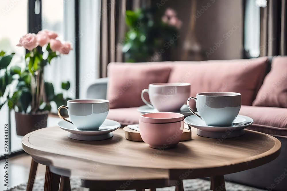 Closeup of two coffee cups on the table in elegant living room with grey couch with pastel pink pillows, stylish armchair and vintage cabinet concept photo Closeup of two coffee cups on the table in elegant living room with grey couch with pastel pink pillows, stylish armchair and vintage cabinet concept photo