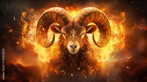 Fiery ram capturing the dynamic essence of aries, the pioneering zodiac sign with flames and energy
