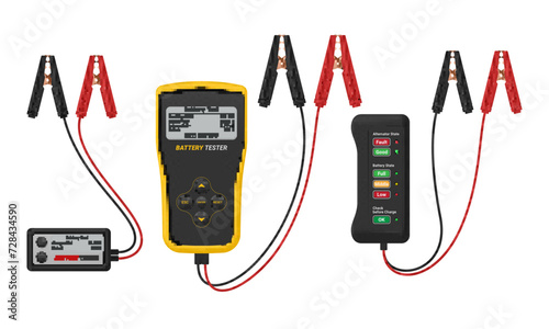 Car battery tester automotive electronic equipment industrial repair technology set realistic vector