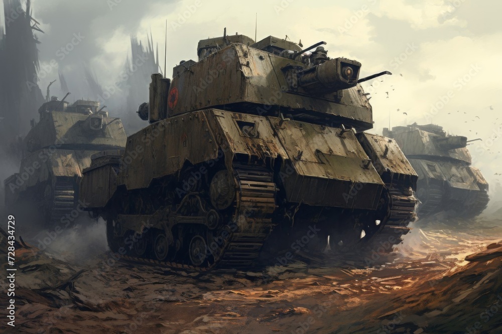 Dramatic landscape with tank battle Dramatic landscape with tank battle
