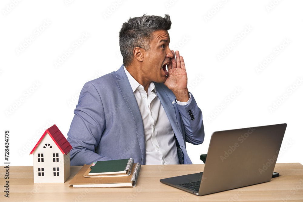 Middle-aged Hispanic businessman with real estate theme shouting and holding palm near opened mouth. Middle-aged Hispanic businessman with real estate theme shouting and holding palm near opened mouth.
