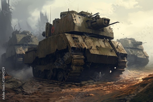 Dramatic landscape with tank battle