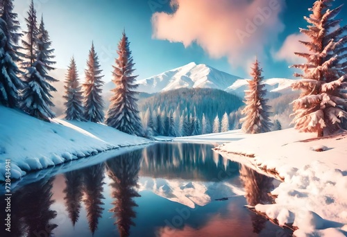 Impressive winter morning in Carpathian mountains with snow covered fir trees. Colorful outdoor scene, Happy New Year celebration concept. Artistic style post processed photo. 3d render 