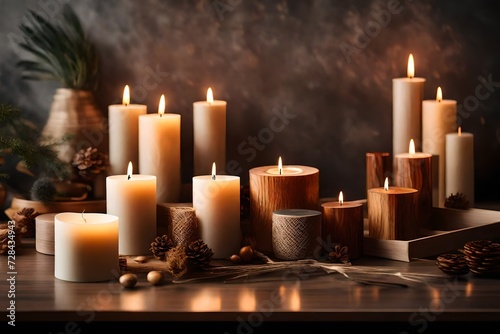Elegant home decoration with wooden wick burning candle, room interior decor arrangement close-up