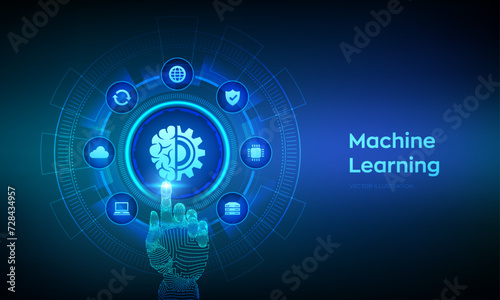 Machine learning. AI Artificial Intelligence. Deep learning. Data mining, Big Data, algorithm, neural network concept on virtual screen. Wireframe hand touching digital interface. Vector illustration.