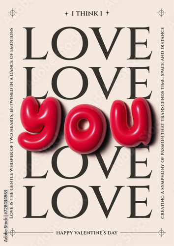 Obraz na plátně Poster with inflated red letters, Valentine's day greeting card