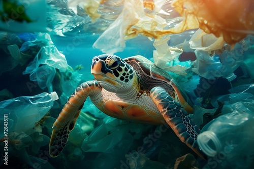 turtle swims underwater among garbage and plastic bottles  pollution of the underwater environment