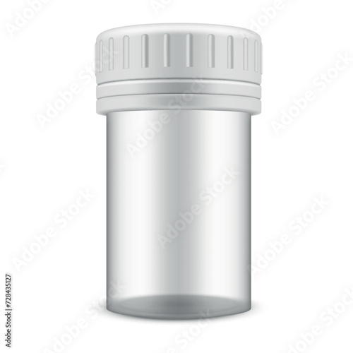 Transparent plastic jar with white cap for medical test empty container mockup realistic vector
