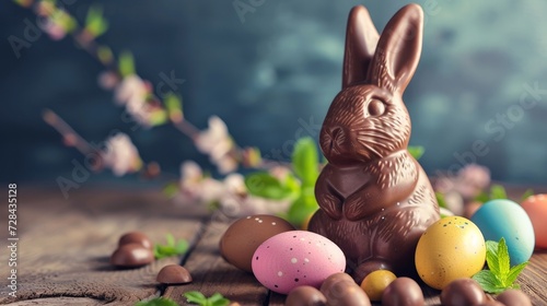 Chocolate bunny placed on a table alongside a pair of colorful eggs, celebrating the Easter holiday.