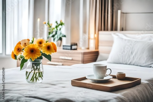 Closeup of coffee cup and flower in glass vase on the bedside table of bright bedroom interior, real photo with copy space on the empty wall © MISHAL