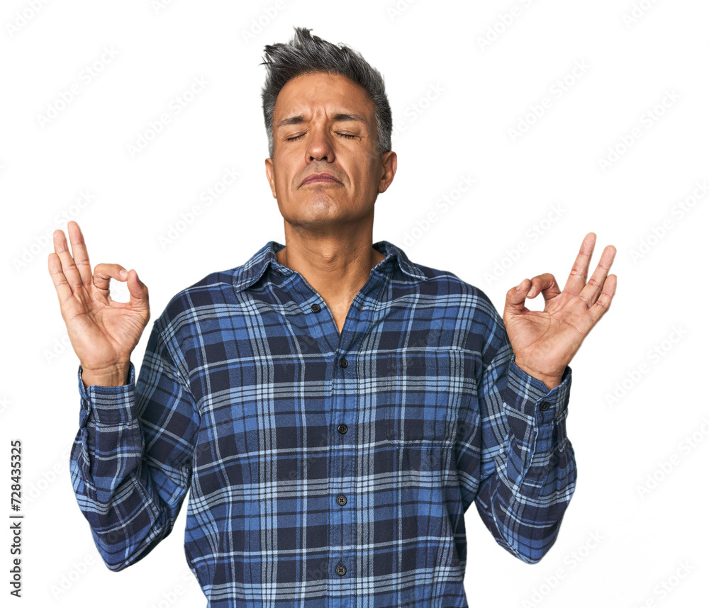 Middle-aged Latino man relaxes after hard working day, she is performing yoga. Middle-aged Latino man relaxes after hard working day, she is performing yoga.
