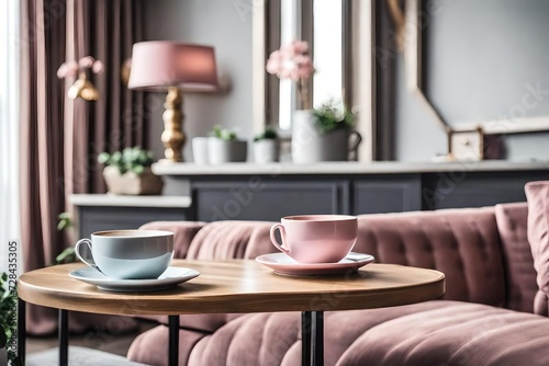 Closeup of two coffee cups on the table in elegant living room with grey couch with pastel pink pillows  stylish armchair and vintage cabinet concept photo
