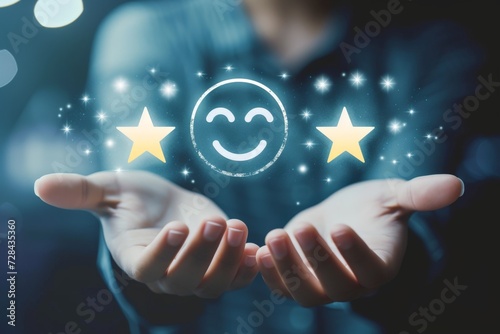 Experience excellent customer services happy smile  smiley face icon. Trustworthy support  top rated star ratings  positive feedback. Five star client service rating  customer success satisfaction.