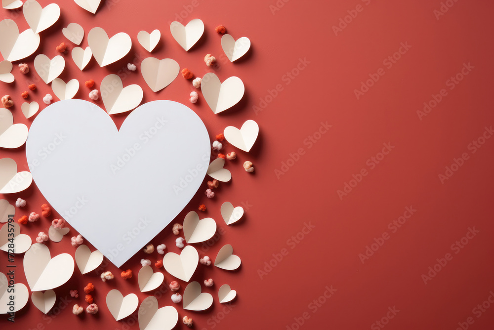 Paper cut out hearts on a dusty red background with a copy space for Valentine's Day