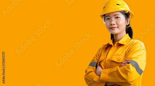 Confident female construction worker in safety helmet smiling with copy space, labour day concept © Ilja