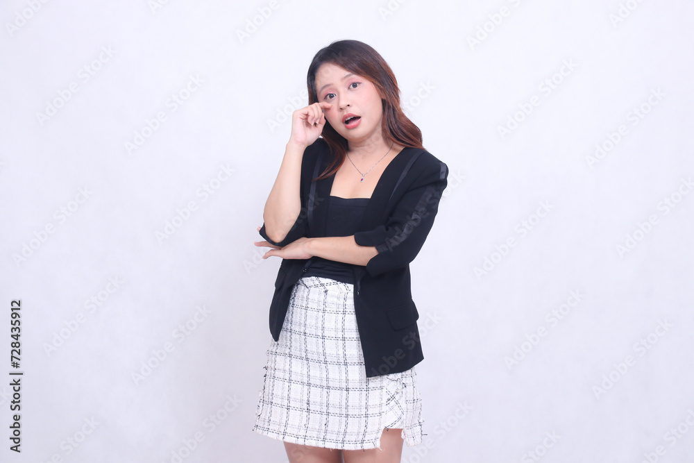 Beautiful Asian woman 20s formal office elegant surprised hands close to eyes isolated white background Beautiful Asian woman 20s formal office elegant surprised hands close to eyes isolated white background