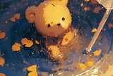 Cute Bear Toy Enduring Rain, Surrounded By Watery Puddle