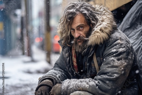 Amid the urban hustle, a homeless man seeks refuge under a blanket on the city street, symbolizing the plight of those without shelter.