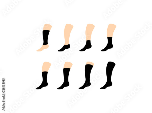 Length of sock on foot icon set. Flat and silhouette style. Vector icons