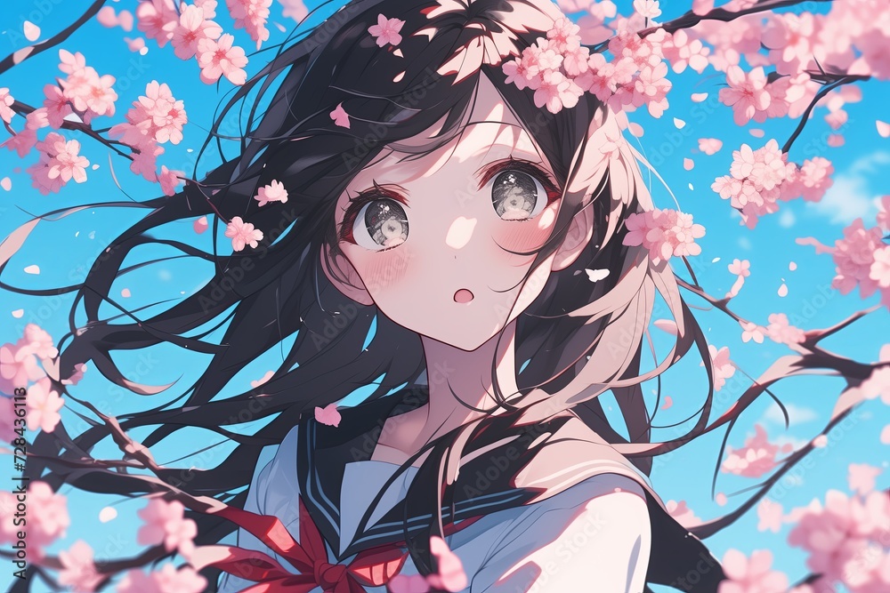 Naklejka premium Surprised Anime Girl With Black Hair Under Blooming Sakura Blossoms