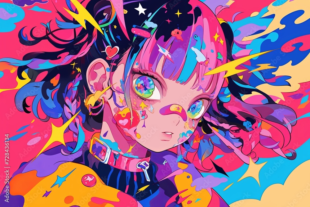 Vibrant And Adorable Animeinspired Digital Artwork With Abstract Background Concept