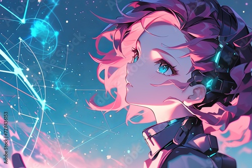 Young Anime Girl Gazes At Starry Sky  Surrounded By Futuristic Elements