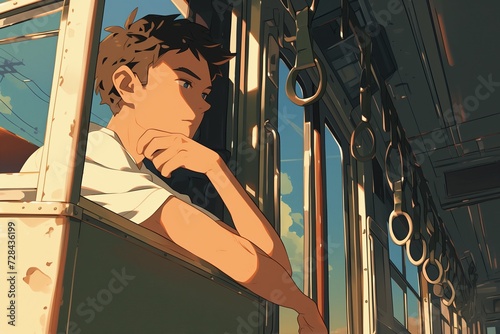 Young Man Gazes Out Of Train Windows, Perfect For Anime Scenes