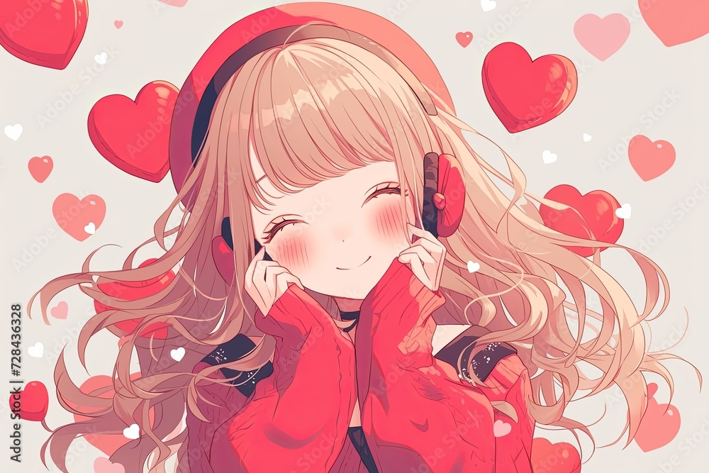 Adorable Animestyle Girl Surrounded By Hearts On Valentines Day Background Adorable Animestyle Girl Surrounded By Hearts On Valentines Day Background