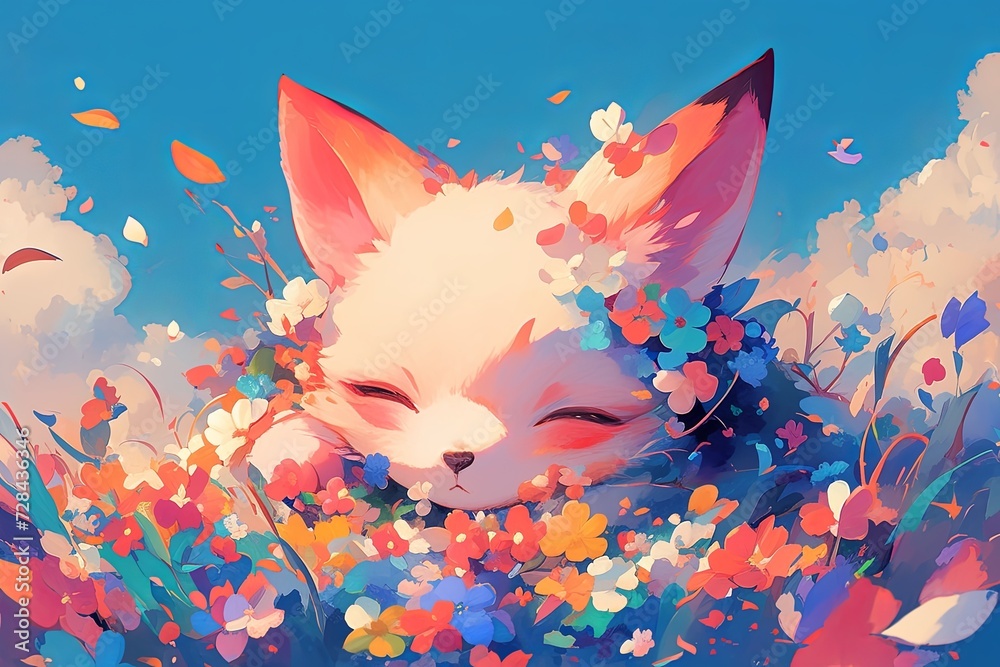 © Anastasiia - Adorable Fox Surrounded By Colorful Blossoms, Exuding Kawaii Aesthetic © Anastasiia - Adorable Fox Surrounded By Colorful Blossoms, Exuding Kawaii Aesthetic