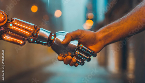 Um aperto de mão entre um robô e um humano. Detalhe de mãos humana e de um robô com fundo de tecnologia, desfocado. photo