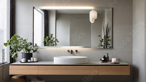 modern bathroom interior with bathtub and mirror