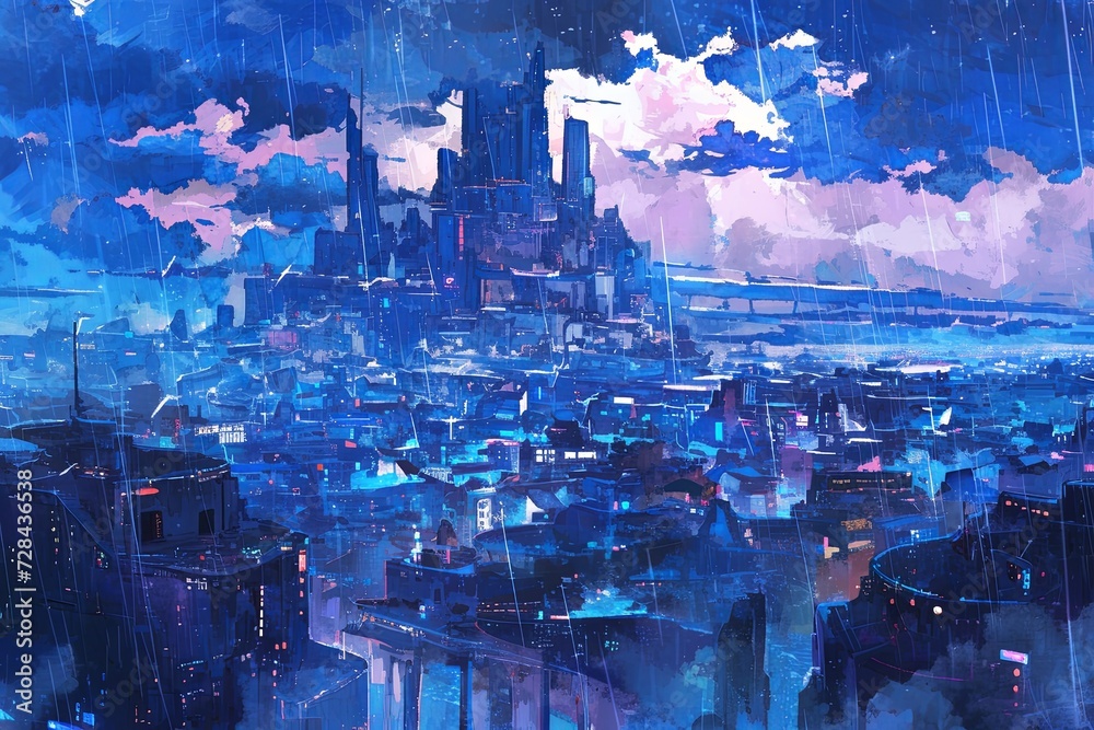 Animestyle Cityscape Painting With Rain And Stormy Atmosphere, Evoking Somber Mood