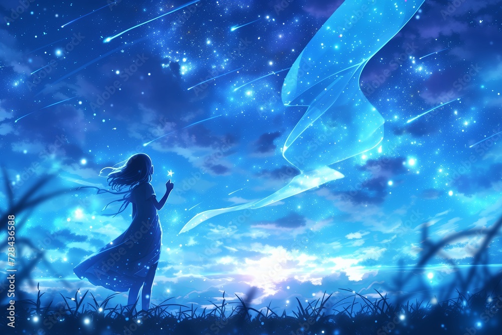 Artistic Digital Depiction Of Mesmerized Anime Girl Gazing At Night Stars