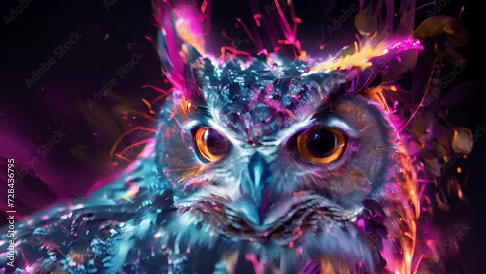 A serene and wise owl is depicted in a holographic portrait their piercing stare seemingly looking right through the hologram. A serene and wise owl is depicted in a holographic portrait their piercing stare seemingly looking right through the hologram.