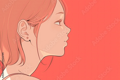 Beautiful Anime Girl In Profile On Coral Color Background