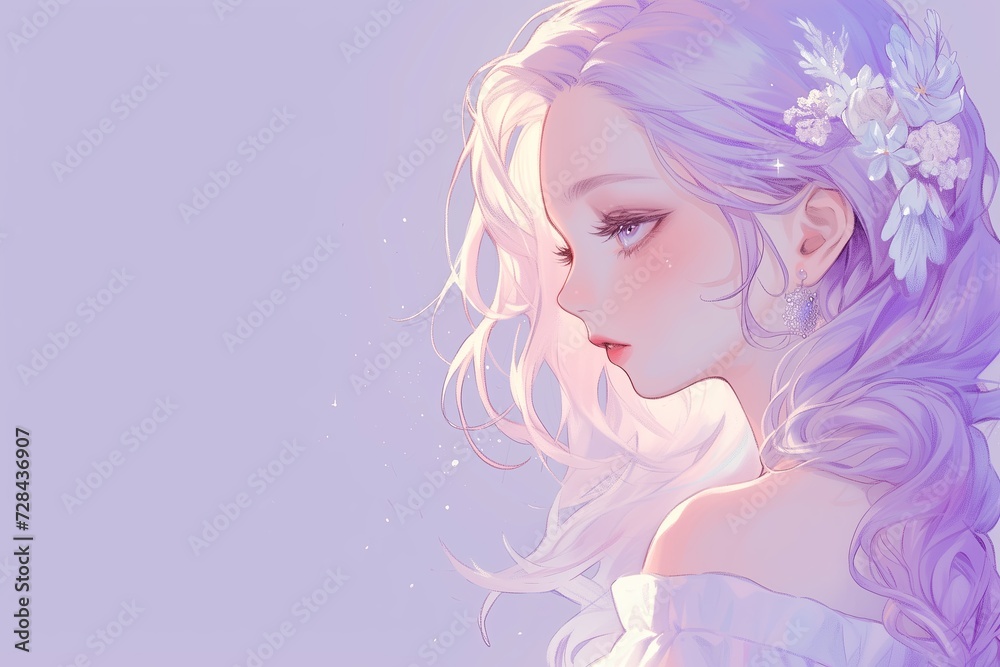 Beautiful Anime Girl In Profile On Pale Lavender Color Background Beautiful Anime Girl In Profile On Pale Lavender Color Background
