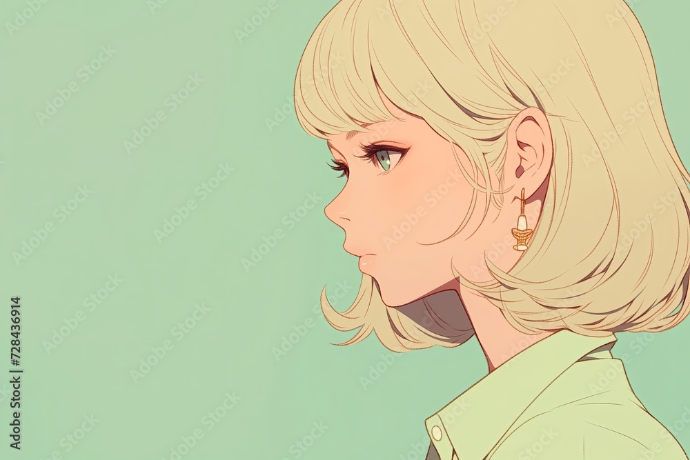Beautiful Anime Girl In Profile On Pale Mint Color Background Beautiful Anime Girl In Profile On Pale Mint Color Background